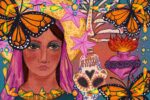 For an article about Dia de los Muertos, a person stands with a pink cloth over their head with an orange monarch butterfly over their head. A collage of leaves, flowers, and butterflies lay by their head.