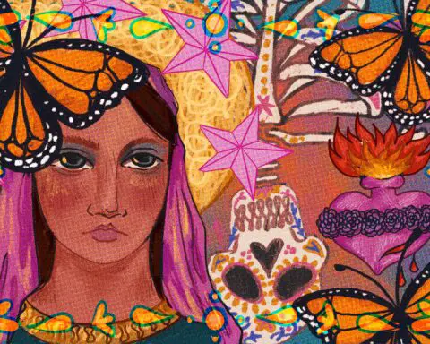 For an article about Dia de los Muertos, a person stands with a pink cloth over their head with an orange monarch butterfly over their head. A collage of leaves, flowers, and butterflies lay by their head.