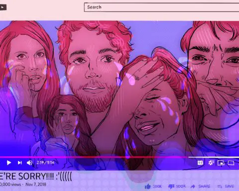 For an article on Dramageddon and Sistergeddon YouTube controversies, five pink-tinted figures wipe tears (from left: Tati Westbrook, Nikita Dragun, Shane Dawson, Laura Lee, and James Charles). They are cropped together in a box that mimics a YouTube video box, with the text "We're Sorrry!!!!! :,(((((" and "1,000,000 views" and "Nov 7, 2018".
