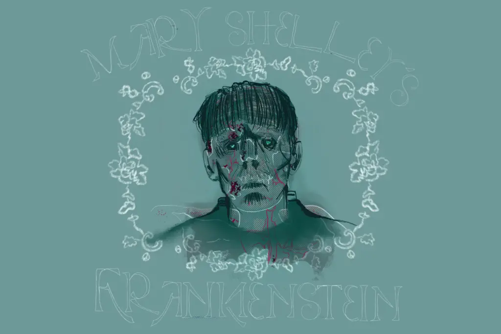 For an article on rhetorical devices in Mary Shelley's Frankenstein, a hand drawn monster portrait is center with red markings, a floral frame surrounds his face. The words "Mary Shelley's" appear at top and "Frankenstein" appears on the bottom.