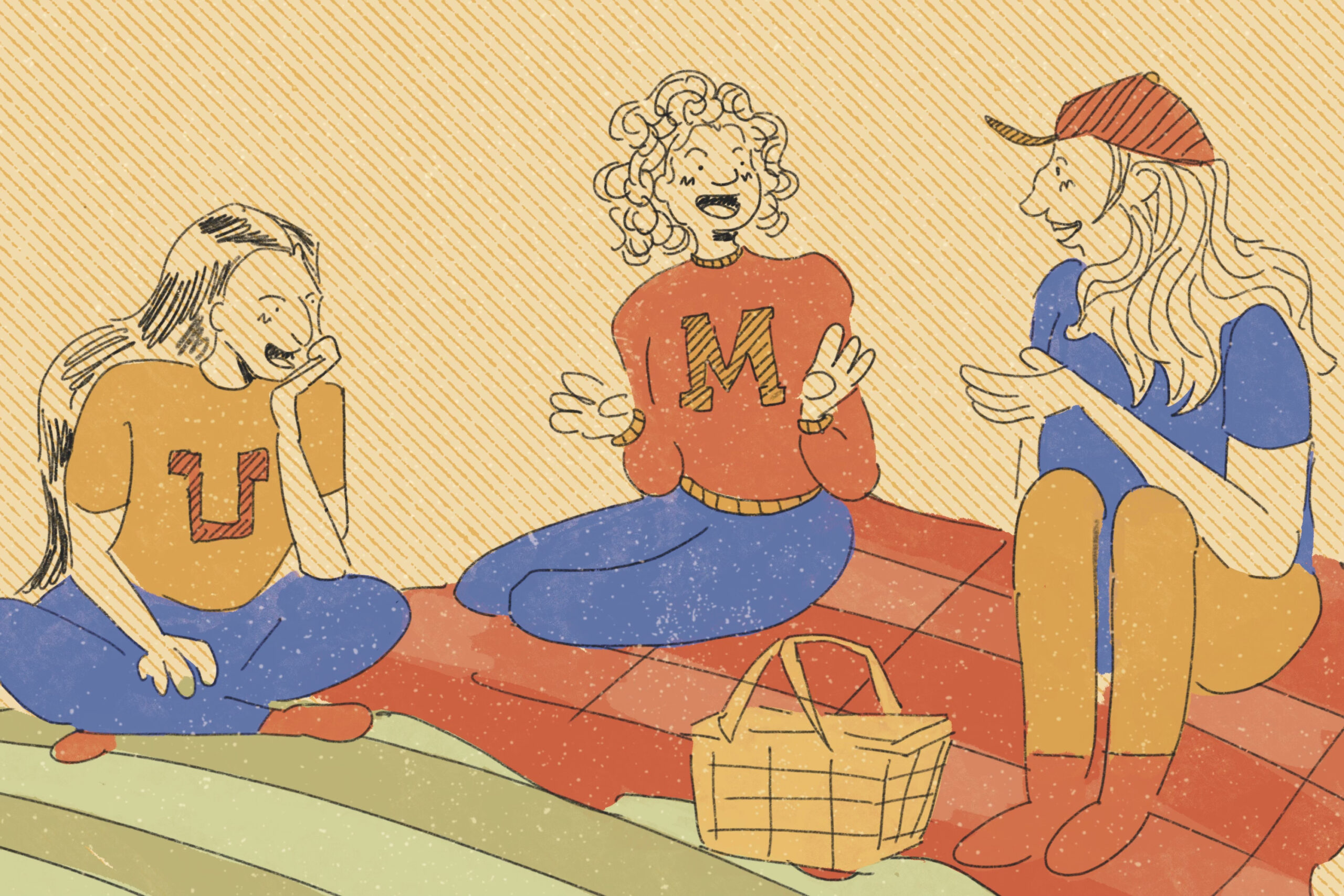 For an article on hang out ideas, three hand drawings of people sitting on picnic blankets, laughing and chatting.