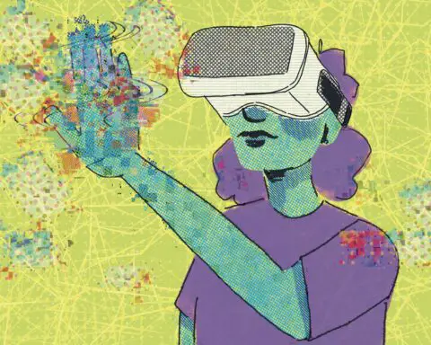 For an article on the OASIS in "Ready Player One," a blue figure in a purple shirt wears a virtual reality headset and holds their hand up that is slowly disintegrating into pixels.