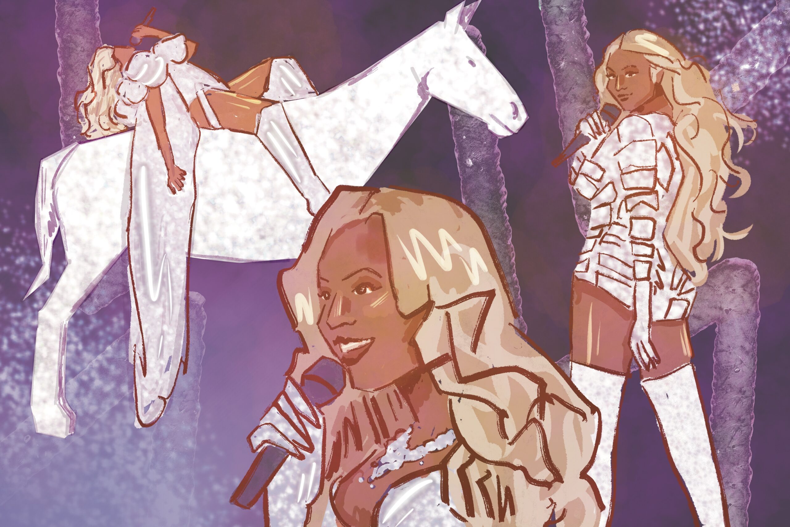 On the left, Beyoncé reclines on horseback on a white horse. On the right, Beyoncé looks over her shoulder with a microphone in her hand. In the middle is a headshot of Beyoncé singing into a microphone.