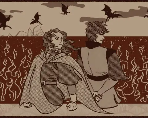 In sepia colors, a teenage girl and boy stand against the blowing wind in renaissance clothing while dragons fly in the background.
