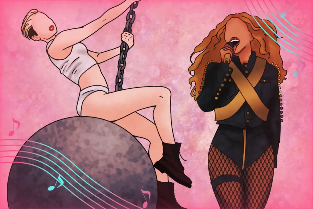 Against a pink background, a graphic of Miley Cyrus swings on a wrecking ball from her iconic music video while Beyonce sings into a microphone in a black leotard.