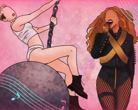 Against a pink background, a graphic of Miley Cyrus swings on a wrecking ball from her iconic music video while Beyonce sings into a microphone in a black leotard.