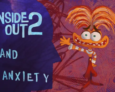 Against a navy and purple backgrounds reads the words "Inside Out 2 and Anxiety" with an image of the orange, frazzled character Anxiety in front of a red and shadowed background.