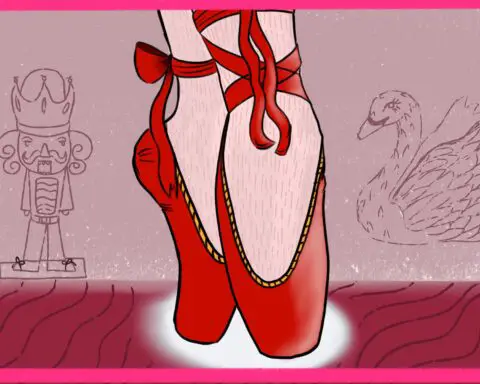 A pair of red ballet slippers stand in point while grey drawings of a nutcracker and a swan stand against the pink background.