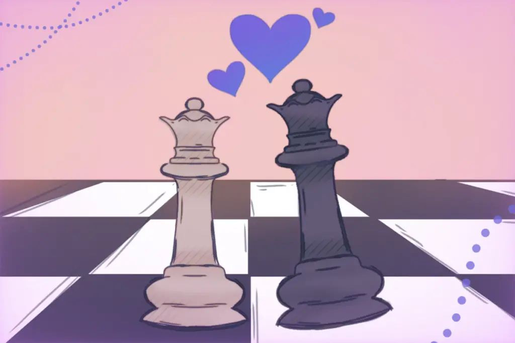 Against a pink background, a tan queen and a black king chess piece leans towards one another on a chess board with purple hearts in between them.