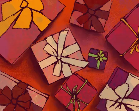 Against a rich red background, scattered Christmas gifts lay in bowed boxes of pink, purple, and maroon.