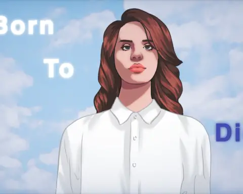 Similar to the album cover of "Born to Die", a drawing of Lana Del Rey stands in front of a blue sky with the words "Born to Die" around her.