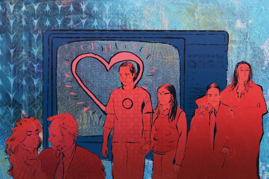 Against a blue background stands an old television with a heart in the middle, along with famous television couples in red standing in front of it.