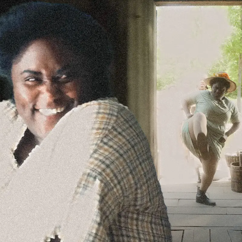 In an article about Danielle Brooks as Sofia in "The Color Purple film," a woman with a plaid dress looks over her shoulder and snickers. Superimposed is that same woman with a plaid dress on a porch with her foot up, kicking open a door.