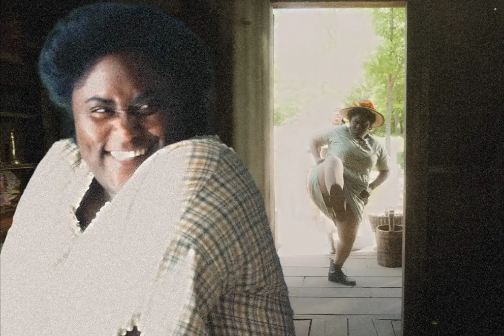 In an article about Danielle Brooks as Sofia in "The Color Purple film," a woman with a plaid dress looks over her shoulder and snickers. Superimposed is that same woman with a plaid dress on a porch with her foot up, kicking open a door.