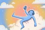 In this article, about how the Spotify playlist and daylist can be important towards the development of one's music taste, a blue figure with rosy cheeks is vibing to some music. He is wearing headphones and holding his smartphone high, resting on a cloud as the sun burns in pink and orange against the blue, cloud filled sky. Musical notes dance around his head.