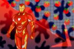 Illustration of Iron Man with tomatoes in the background.