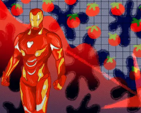 Illustration of Iron Man with tomatoes in the background.