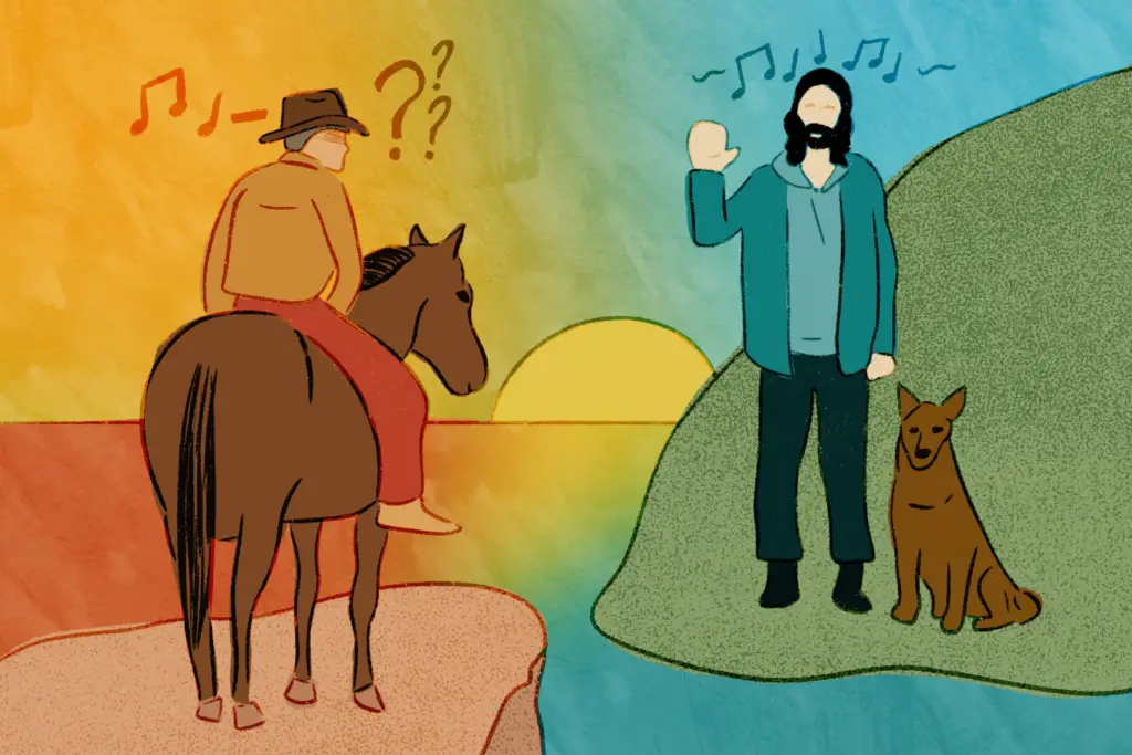 In this article, analyzing Noah Kahan's hit song "Dial Drunk" and debating how we define "country music" as a whole, a cowboy in orange pants looks confusedly at a bearded man with long hair and an tropical turquoise jacket. The scene is a combination of a desert and an island, the oranges and yellows of the former seamlessly melding with the blues and greens of the latter. The cowboy rides a horse, a dog sits by the bearded man's side and music notes dance around their head as the sun sets in the background.