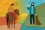 In this article, analyzing Noah Kahan's hit song "Dial Drunk" and debating how we define "country music" as a whole, a cowboy in orange pants looks confusedly at a bearded man with long hair and an tropical turquoise jacket. The scene is a combination of a desert and an island, the oranges and yellows of the former seamlessly melding with the blues and greens of the latter. The cowboy rides a horse, a dog sits by the bearded man's side and music notes dance around their head as the sun sets in the background.