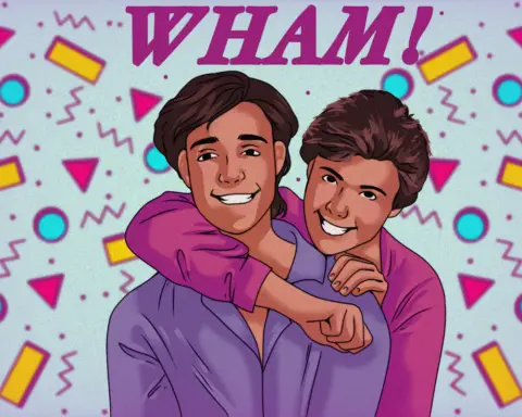 In a drawing, George Michael and Andrew Ridgeley stand together smiling with bright confetti and shapes sprinkled in the background with "WHAM!" written above them.