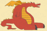 In this article, a feminist reading of Chinese mythology and culture, a fat, red, moustachio'd dragon with yellow wings sits in front of a pale yellow background with clouds. It opens and closes its eye whilst waving at the audience and breathing fire.