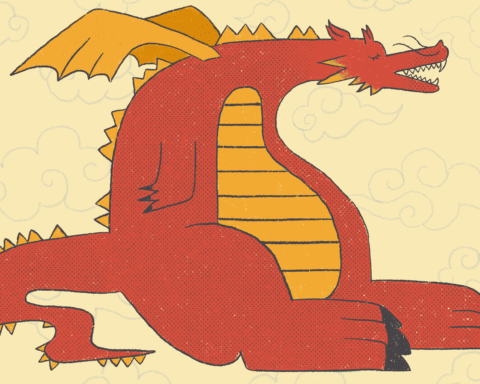 In this article, a feminist reading of Chinese mythology and culture, a fat, red, moustachio'd dragon with yellow wings sits in front of a pale yellow background with clouds. It opens and closes its eye whilst waving at the audience and breathing fire.