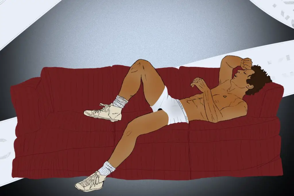 Illustration of Jeremy Allen White laying on red sofa with Calvin Klein logo draped in background.