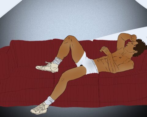 Illustration of Jeremy Allen White laying on red sofa with Calvin Klein logo draped in background.