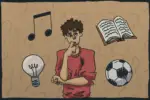 A young man in a red shirt ponders while a music note, book, lightbulb, and soccer ball swirl around him.
