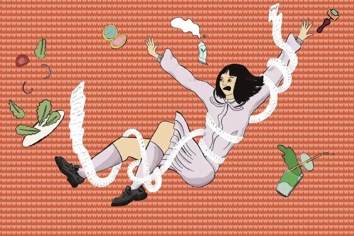 Illustration of woman floating with luxury items and a long receipt around her.