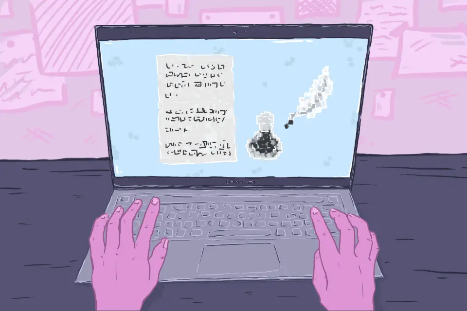 Two pink hands are typing at a laptop on a purple table against a pink background littered with writings and documents. The laptop has a blue screen containing an inkwell and a sheet of paper with scribbles on it, presumably this writer's latest piece of work.