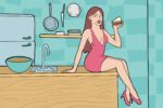 Illustration of Courtney Lapresi on kitchen counter holding a sandwich.