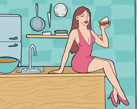 Illustration of Courtney Lapresi on kitchen counter holding a sandwich.