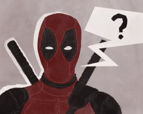 Deadpool stands out against a paper-like background in his red and black uniform, swords strapped firmly to his black. A question mark hovers next to his head, held by a speech bubble made from a similar paper-esque material as the background; the material also outlines Deadpool's body, suggesting both he and the question mark have been cut out and glued to the background. His eyes are fixed in a smug glance, like he wants the question communicate just how stupid he thinks you are.