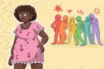 Larger woman being mocked by a variety of characters behind her.