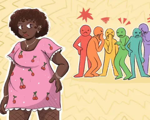Larger woman being mocked by a variety of characters behind her.