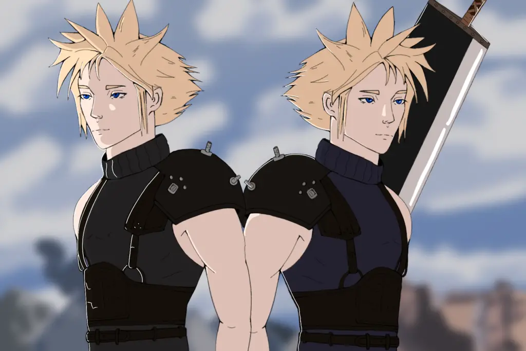 Cloud Strife standing back-to-back with himself in armor and with sword.