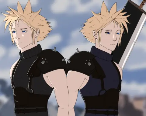 Cloud Strife standing back-to-back with himself in armor and with sword.