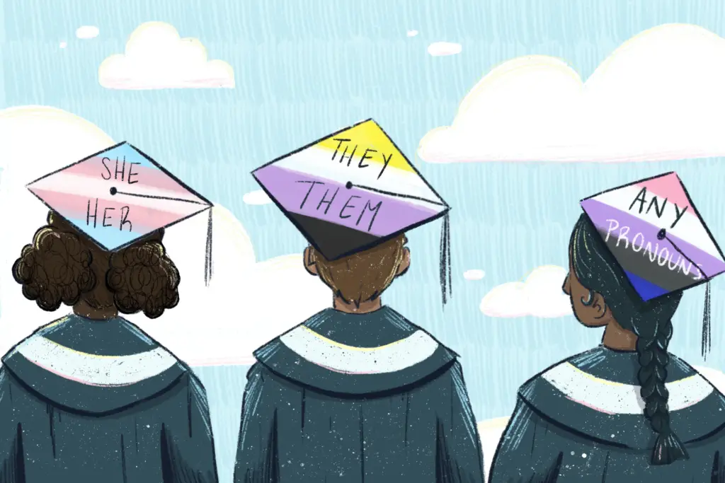 Three people stand against a backdrop of the open sky, dressed in black graduation gowns. The audience can clearly see their hair -- short and curly in buns on the far left, brown-blonde in the center, black and braided at the right -- and their caps, festooned with various pride flags representing different identities, such as trans or nonbinary.