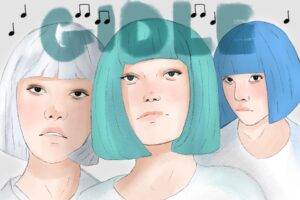 Three women in white t-shirts and colored bob cuts -- left to right: white, blue-green and blue -- stare blankly at the front. They are standing against a white background, the phrase "GIDLE" spelled out above their heads in a graffiti-like texture, as musical notes dot the screen.