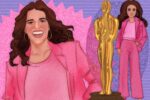 A woman with brown hair in a pink coat beams with a bright smile against a pink and purple background. To her right, a golden statue leans against a smiling doll in the woman's image. Said doll holds its hand in its pocket as it cocks out its hip, standing in a firm yet casual pose.