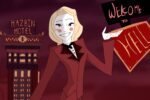 For an article about "Hazbin Hotel," a blonde figure (Charlie) stands in a red suit jacket in front of a multi-story building that says "Hazbin Hotel" and a sign to her right that says "Welcome to Hell."