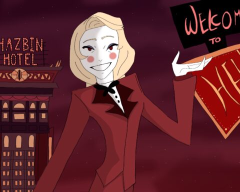For an article about "Hazbin Hotel," a blonde figure (Charlie) stands in a red suit jacket in front of a multi-story building that says "Hazbin Hotel" and a sign to her right that says "Welcome to Hell."