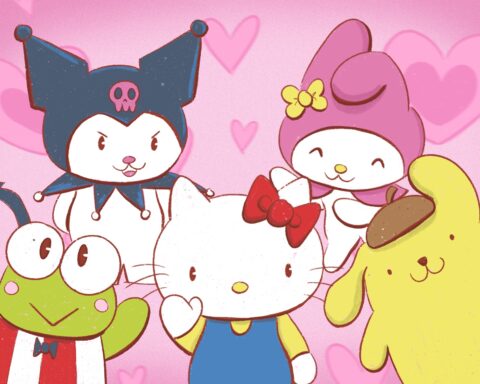 In this article, about the timeless quality of Sanrio character Hello Kitty and her special toylike, Hello Kitty and Friends, a cat with a red bow in a blue dress stands in front of a pink background with hearts. She is joined by -- moving clockwise -- a frog dressed in a red and white suit with a bow-tie, a bat dressed in a black cap with a jester collar and a pink skull, a bunny with a pink cap and a yellow bow and a chunky, yellow dog with little brown cap. The kitten, frog, dog and bunny are smiling as they wave at the camera, whilst the bat sticks their tongue out, glaring mischievously.