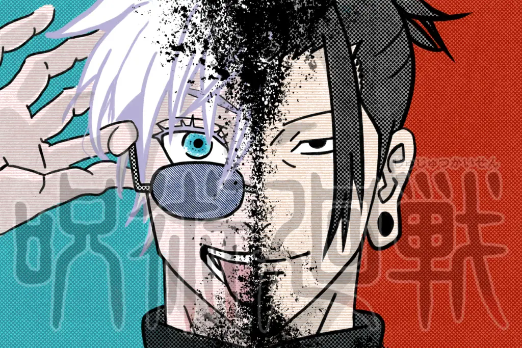 In this article, about how the production of the second season of the popular anime Jujutsu Kaisen brings attention to the ethical issues in the animation industry, the faces of two men are fused together against a bisected background with a black substance sticking out between their fusion point. The leftward man has white hair and blue eyes and is tipping his sunglasses with a flick of his hand, sticking his tongue out. The rightward man has black hair tied up into a bun, bang hanging down around his dark eyes as he smirk at the audience; a black earring is studded through his ear. On the left the background is colored turquoise, on the right red and kanji is printed boldly against the screen.