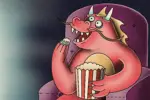 Dragon eating popcorn while watching TV.