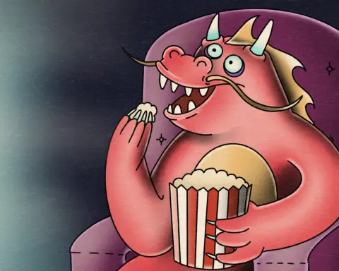 Dragon eating popcorn while watching TV.