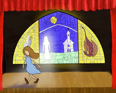 A young girl in a blue dress walks off a stage framed by a red curtain. A stained glass window hangs in front of a black background, depicting a church in a field against a sea-blue sky and a young woman glowing with divinely white light. Two images flank it, an angel to the left and a dragon to the right, framed in yellow.