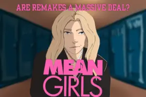 In this article, about how the 2024 remake of Tina Fey's "Mean Girls" fails to live up to the standards set by the original, a blonde woman with a black coat and a necklace of beads gives a smug smirk at the audience with a shadow lying over half her face against a blurred-out background of a brown hallway with blue lockers.