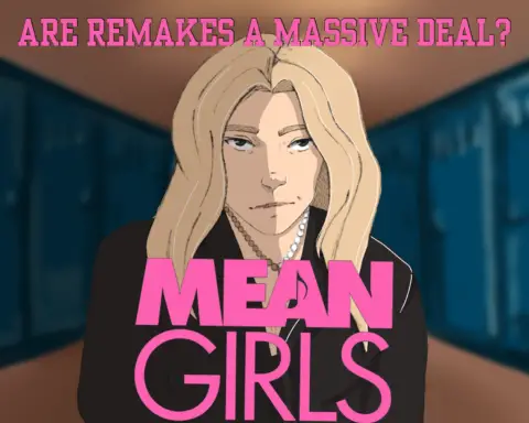 In this article, about how the 2024 remake of Tina Fey's "Mean Girls" fails to live up to the standards set by the original, a blonde woman with a black coat and a necklace of beads gives a smug smirk at the audience with a shadow lying over half her face against a blurred-out background of a brown hallway with blue lockers.